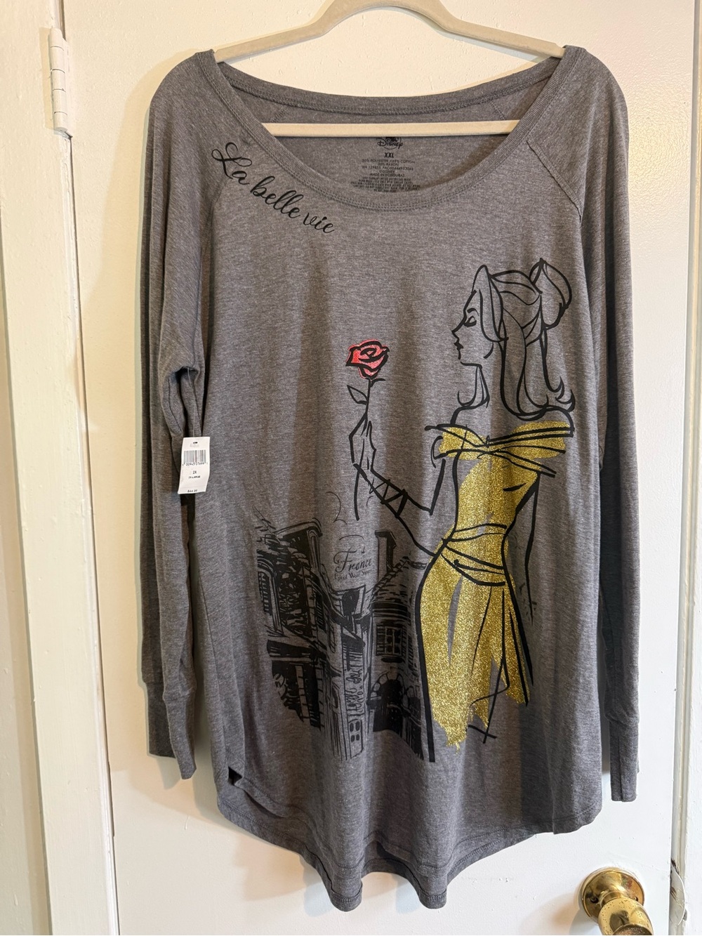 Disney Gray Long-Sleeve Women’s Top with Gold Belle Graphic